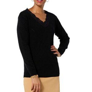 Colleen Lopez Pink Purple Pointelle  Lace Collar V Neck Diamond Knit Sweater XS